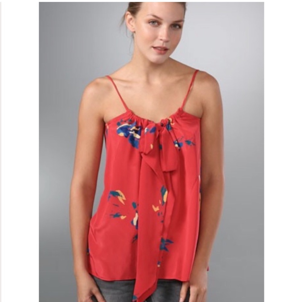 Anthropologie Silk Tank Top Womens Size 4 Red Floral Tie Front Cami